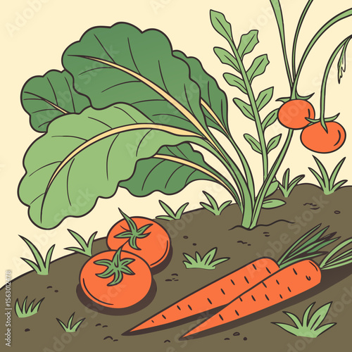 Tomatoes and carrots growing in a garden with lush green plants