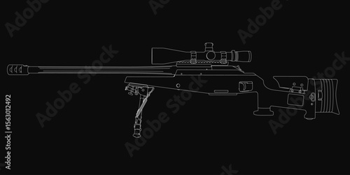 A black and white sniper rifle drawing on a dark background features a long barrel, detailed scope, and precise engravings. The high-contrast illustration highlights the weapon's sleek design.