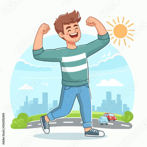 Cartoon illustration of a joyful person walking briskly through a city, embodying a positive and upbeat mood.