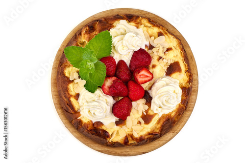Cheesecake Strawberries Cream Almonds, isolated on white background