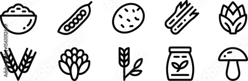 Vegetable and Grains Icon Set Featuring Peas, Potato, Asparagus, Wheat, Mushrooms, and Natural Food Elements