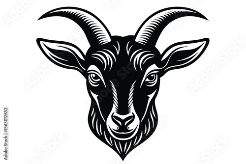 Cartoon goat head with orange eyes and red horns stares directly forward