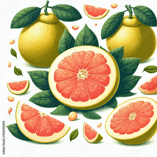 Digitally created design of various grapefruit slices and whole grapefruits, displayed against a white backdrop.  Colorful segments and leaves are artistically arranged.
