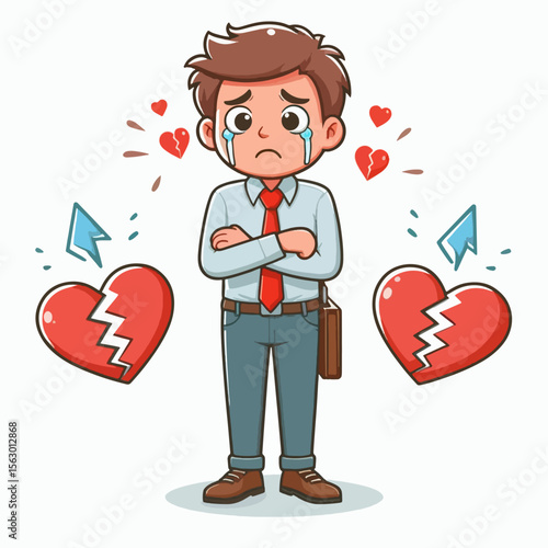 Cartoon illustration of a despondent man in business attire,  surrounded by broken hearts, conveying feelings of heartbreak and sadness.