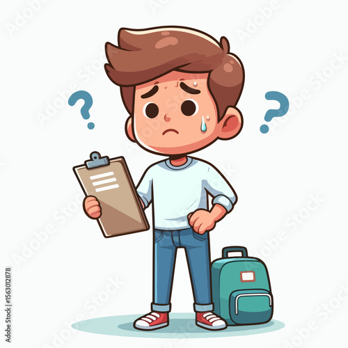 Cartoon illustration of a boy, appearing confused and holding a clipboard, hinting at possible school-related struggles.  He has a backpack beside him.