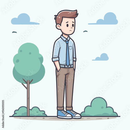 Cartoon illustration of a pensive young man in casual clothes, standing in a park-like setting, conveying a sense of dejection.