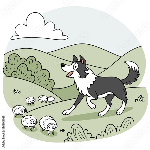 A black and white sheepdog herding sheep in a green field