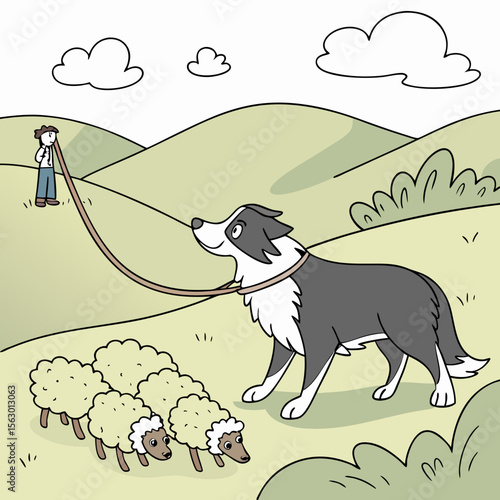 A sheepdog herding sheep with a man in a green field