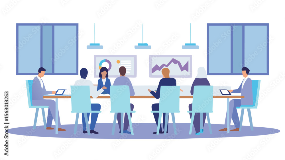 People sitting around a conference table with charts and graphs on the wall in a meeting room People sitting around a conference table with charts and graphs on the wall in a meeting room