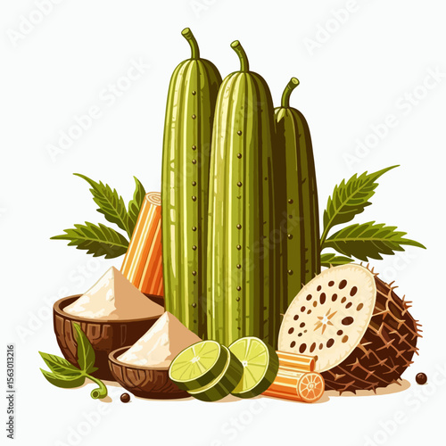 Vibrant still life showcasing a variety of tropical fruits and vegetables, including limes, gourds, and a powdered spice, arranged in a detailed graphic illustration.