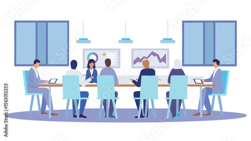 People sitting around a conference table with charts and graphs on the wall in a meeting room