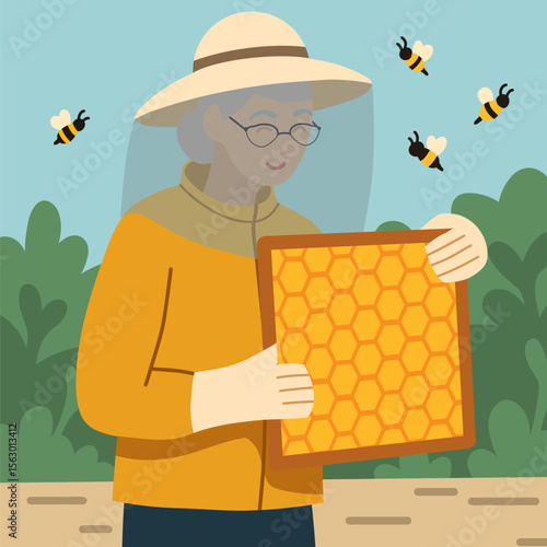 Vector trendy illustration of an old woman beekeeper with a frame with honeycombs and bees. Hobbies in retirement.