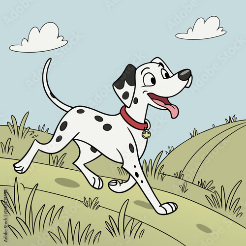 A happy dalmatian puppy runs along a grassy hill under a blue sky