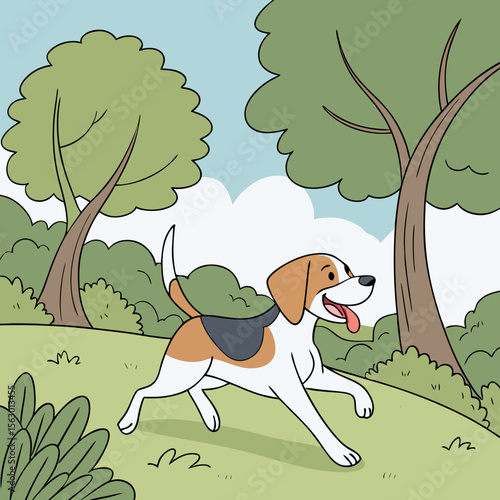 A beagle dog running happily through a grassy park
