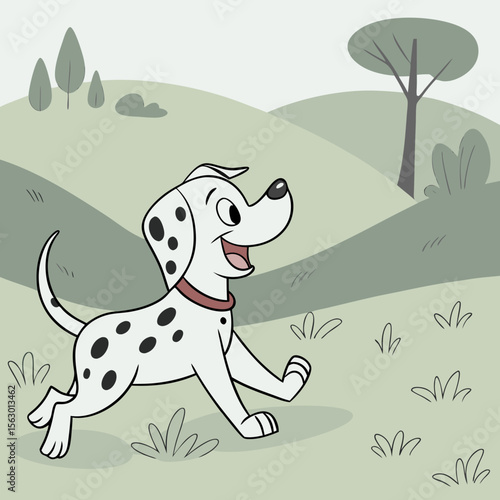 A cheerful dalmatian puppy runs happily through a green field