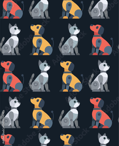Vector seamless pattern with mechanical pets. Texture with robot dogs and robot cats in row on dark background. Animals of the future