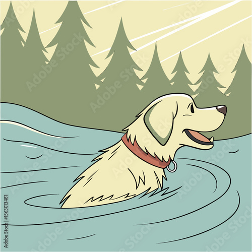 A golden retriever swims in a river surrounded by a forest