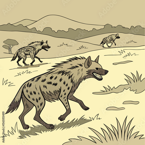 Three spotted hyenas roam the african savanna under a bright sky