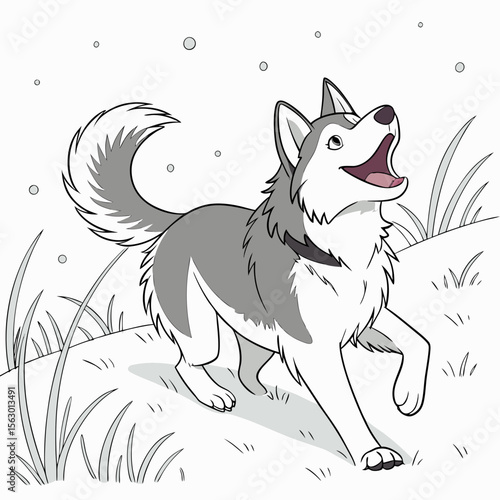 A playful husky runs through a snowy field on a winter day