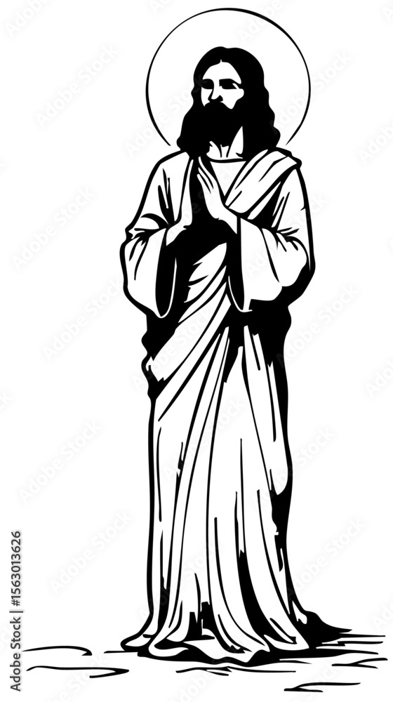 Jesus Christ praying with hands clasped. Hand-drawn line art illustration for Christianity. Jesus Christ praying with hands clasped. Hand-drawn line art illustration for Christianity.
