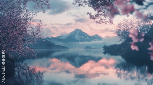 Serene landscape with cherry blossoms framing a mountain reflected in calm water at dusk or dawn