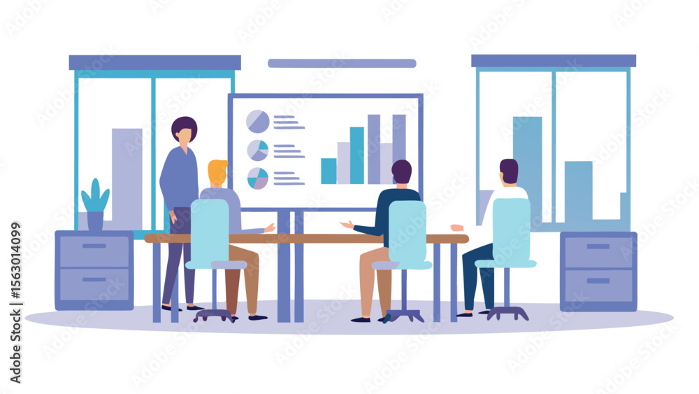 Obraz premium A group of people in a meeting room looking at a presentation with charts and graphs displayed on screen