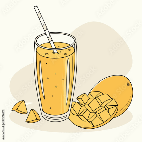 A glass of mango juice with fruit isolated on white background