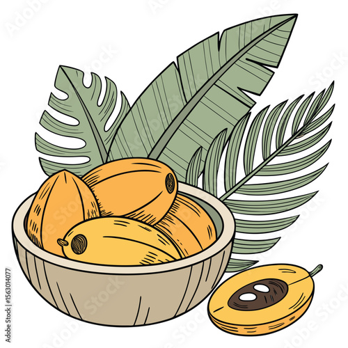 A bowl of sapodilla fruits with tropical leaves behind it