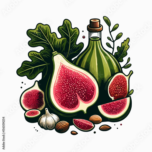 Vibrant, graphic design showcasing a collection of figs, leaves, and nuts, along with a glass bottle, set against a plain backdrop.  The image evokes a sense of natural and healthy food.