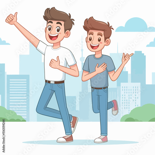 Digital illustration of two young males, dressed in casual attire, cheerfully posing in front of a cityscape background.