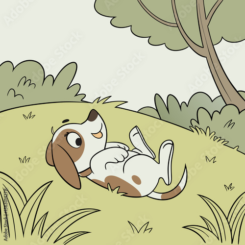 A cute puppy lies on the grass under a tree