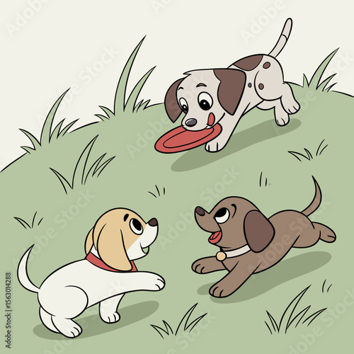 Three happy dogs are playing frisbee on a grassy hill