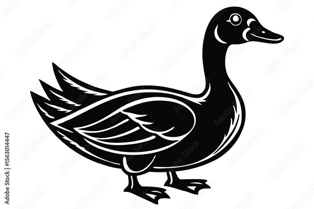 A stylized line drawing shows a goose standing with its beak slightly open A stylized line drawing shows a goose standing with its beak slightly open