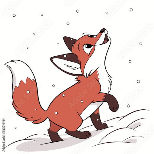 A red fox looks up at falling snow isolated on white background