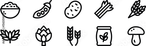 Vegetable and Grains Icon Set Featuring Peas, Potato, Asparagus, Wheat, Mushrooms, and Other Natural Food Elements