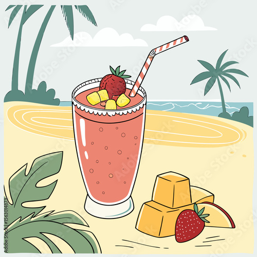 A refreshing strawberry mango smoothie on a tropical beach