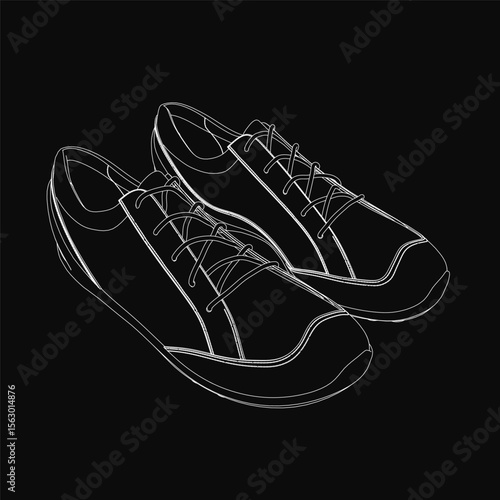 Black sneakers stand out against a dark background with crisp white outlines. The minimalist design highlights the shoe's sleek silhouette and modern aesthetic.