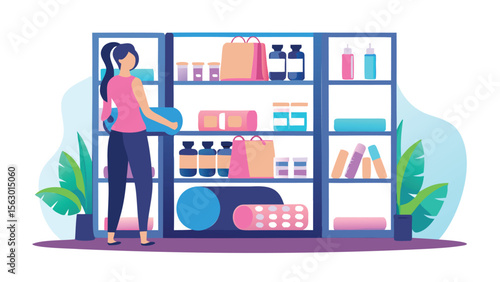 Woman putting a blue yoga mat on a shelf filled with various items in a fitness studio space