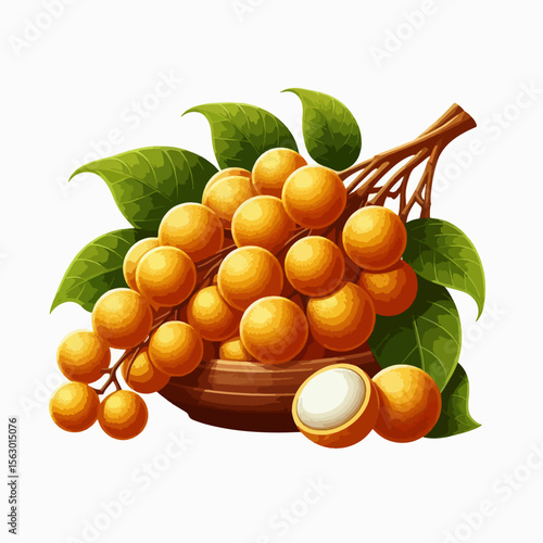 Digital illustration depicts a cluster of longans resting in a wooden bowl.  The fruits are vibrant yellow-orange and the leaves are lush green.