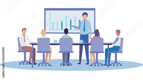 Illustration of a business meeting with a presenter and attendees discussing a graph on a screen