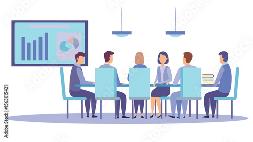 People sitting around a conference table discussing graphs and charts at a business meeting room scene