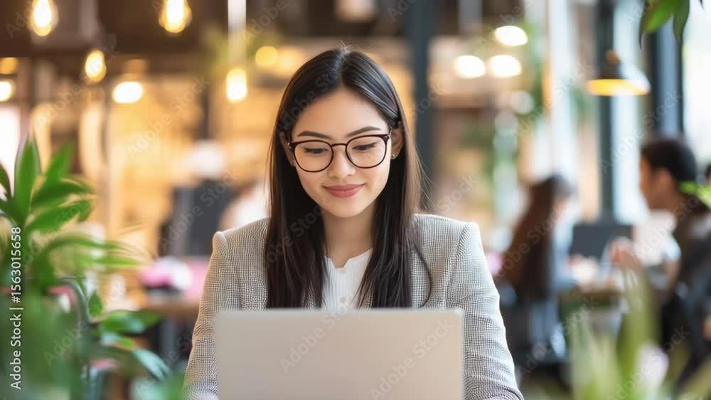 A woman is sitting at a table with a laptop in front of her. She is smiling and she is enjoying her work. The scene takes place in a restaurant or cafe, with other people around her A woman is sitting at a table with a laptop in front of her. She is smiling and she is enjoying her work. The scene takes place in a restaurant or cafe, with other people around her
