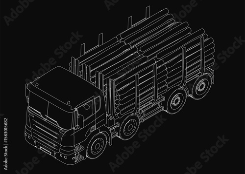 A black and white isometric line drawing of a truck with a trailer, featuring clean geometric lines and a minimalist style. The detailed illustration includes wooden elements.