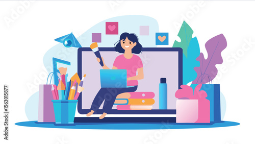 Woman with laptop and makeup brush sitting on books in front of a computer screen display art supplies