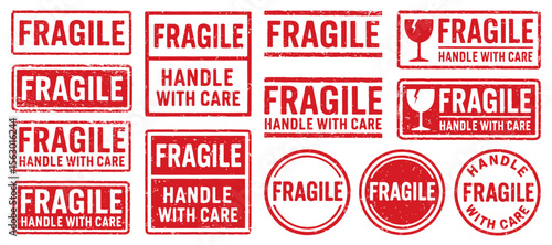 Fragile handle with care stamp vector set. Fragile Rubber Stamp design collection. Fragile Grunge stamp pack. Seal Fragile. Vector illustration image. Isolated one white background.