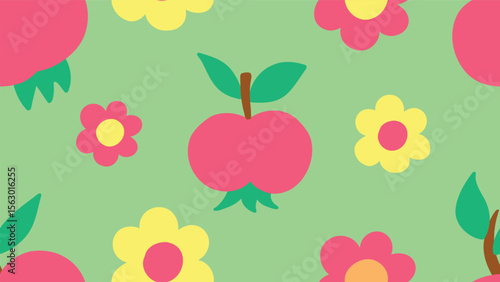 Seamless doodle background. Minimalistic background with apples and flowers for kids