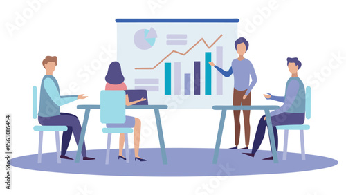 A business meeting with presentation of charts and graphs with four people in attendance and discussion