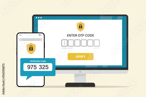 Form for enter code from sms on computer. Mobile phone with message. Two factor authentication. 2FA, verification password and login for user identity, internet security.
