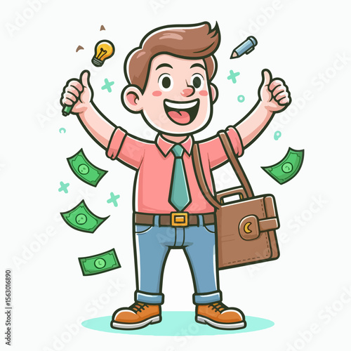 Cheerful cartoon character, a business person,  with a backpack and money,  exhibits joy and success.  He is surrounded by creative and financial symbols.