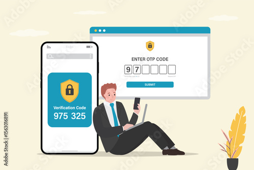 User enter code from sms on laptop screen. Two factor authentication. 2FA, verification password and login for user identity authentication, internet security. Private access.